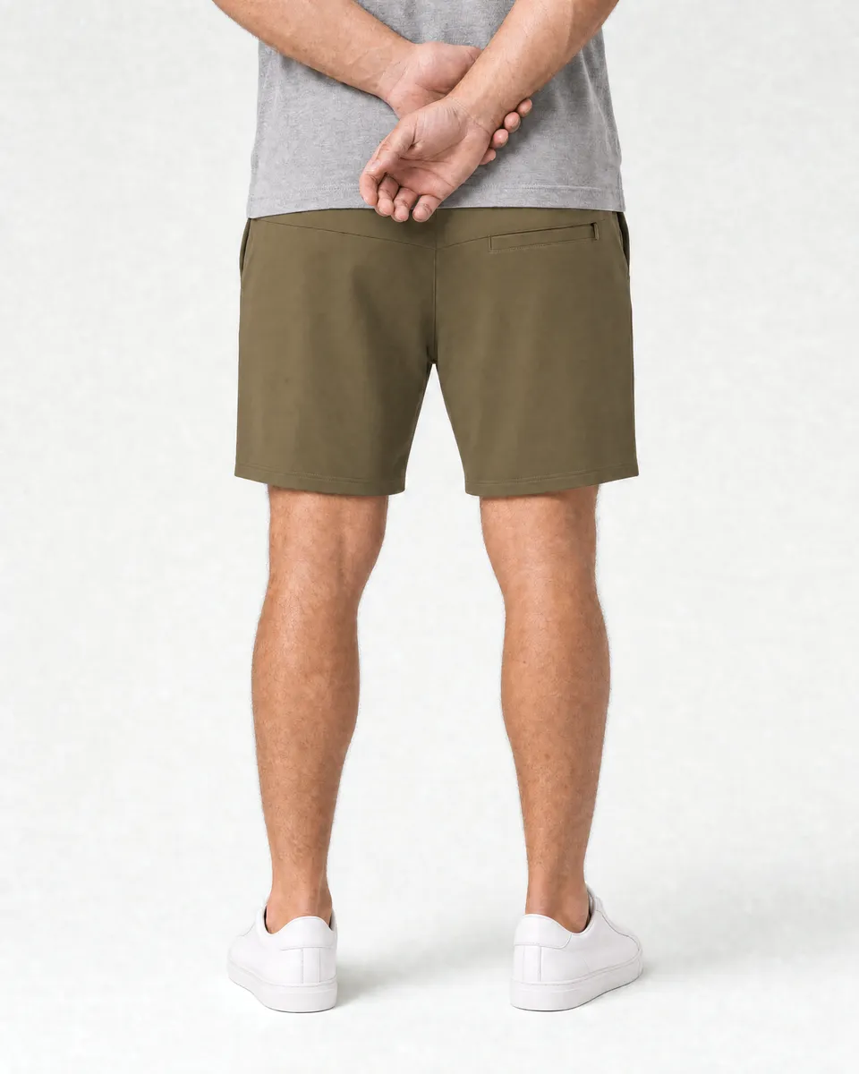 StringKing Men's Pima Terry Shorts - Relaxed Fit, Olive Drab, Full Back - Human Model - Chest to Feet