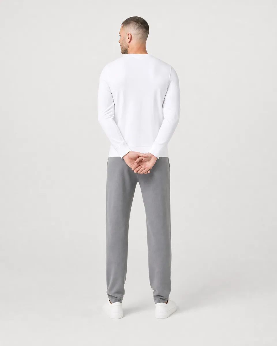 StringKing Men's Pima Terry V-Neck Sweater - Sharp Fit, White, Full Back - Human Model - Top of head to Mid-thigh