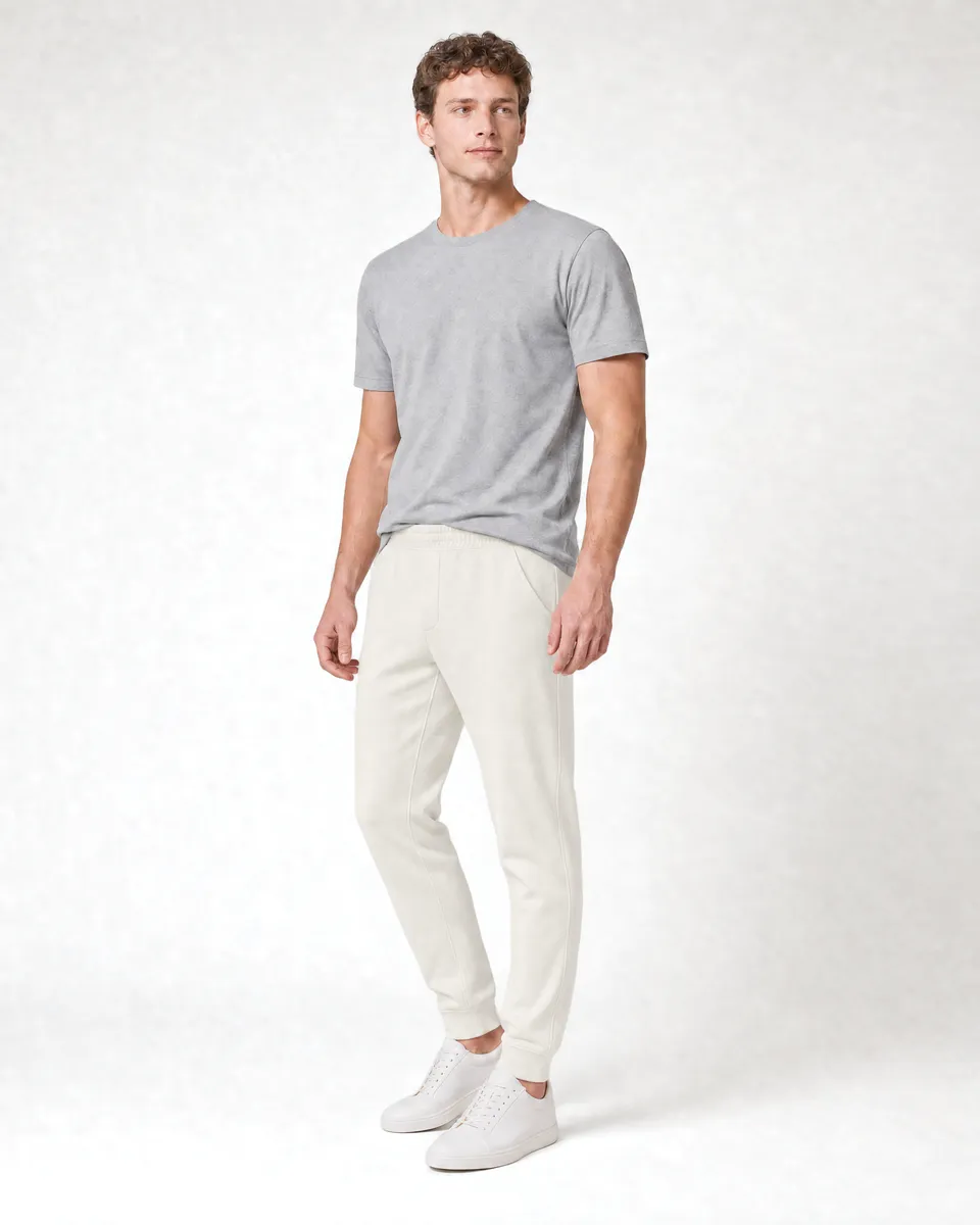 StringKing Men's Pima Terry Sweatpants - Sharp Fit, Tofu, Full Front Angle - Human Model