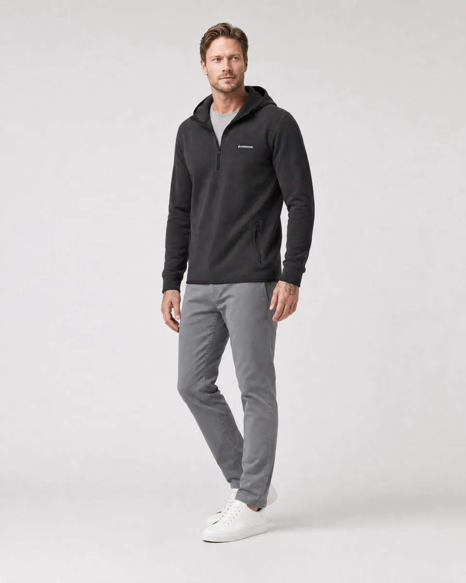 StringKing Men's Polartec Fleece Quarter Zip Hoodie with Pockets - Sharp Fit, Meteorite, Full Front Angle - Human Model