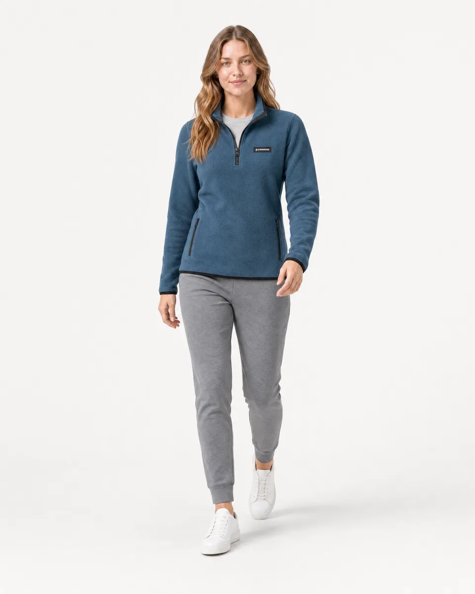 StringKing Women's Polartec Fleece Quarter Zip with Pockets - Sharp Fit, Indian Teal, Full Front Angle - Human Model