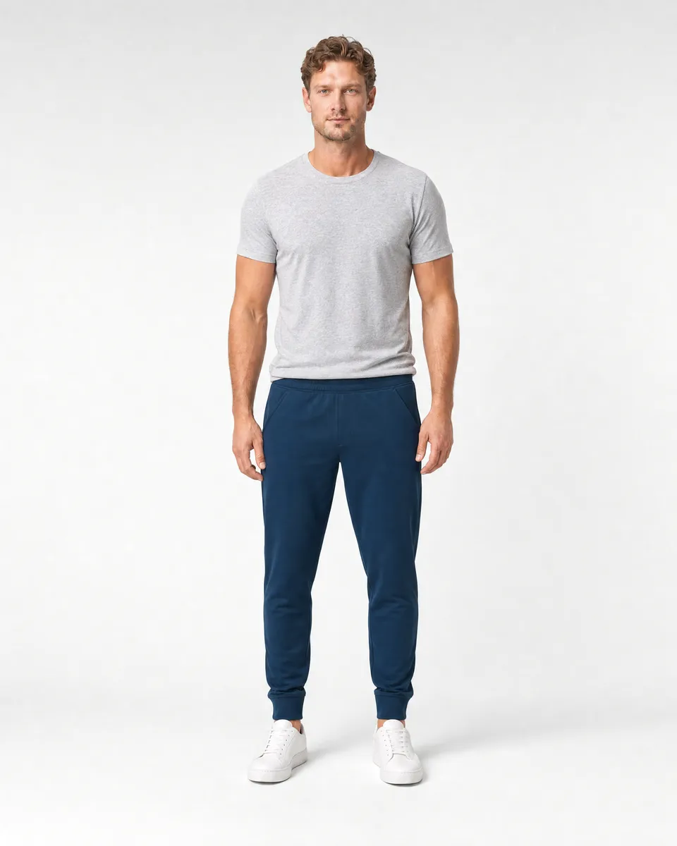 StringKing Men's StayWarm Joggers - Sharp Fit, Navy Blue, Full Front - Human Model