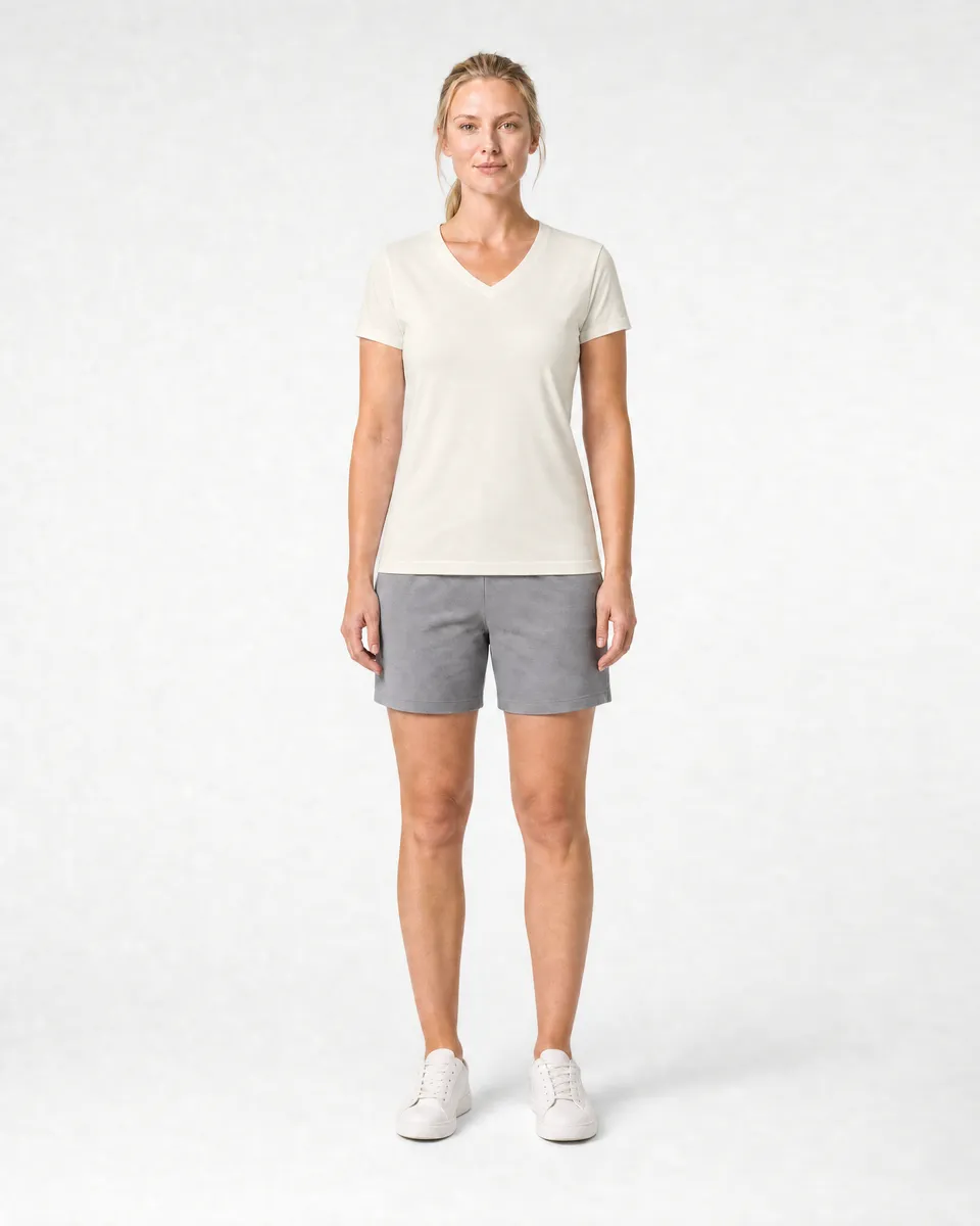 StringKing Women's Pima Jersey V-Neck Tee - Sharp Fit, Tofu, Full Front - Human Model - Top of head to Knees