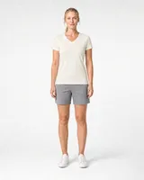 StringKing Women's Pima Jersey V-Neck Tee - Sharp Fit, Tofu, Full Front - Human Model - Top of head to Knees