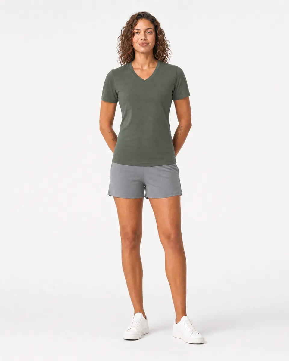 StringKing Women's Pima Jersey V-Neck Tee - Sharp Fit, Moss, Full Front - Human Model - Top of head to Knees