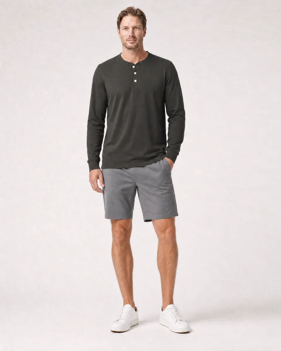 StringKing Men's Pima Jersey Henley - Sharp Fit, Peat, Full Front - Human Model - Top of head to Knees