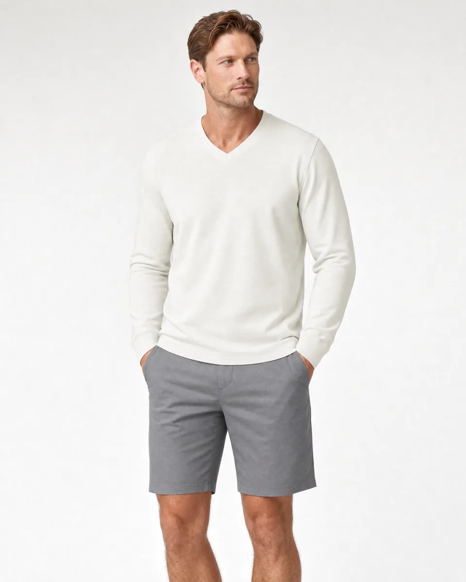 StringKing Men's Pima Terry Long Sleeve V-Neck Tee - Sharp Fit, Tofu, Full Front - Human Model - Top of head to Knees