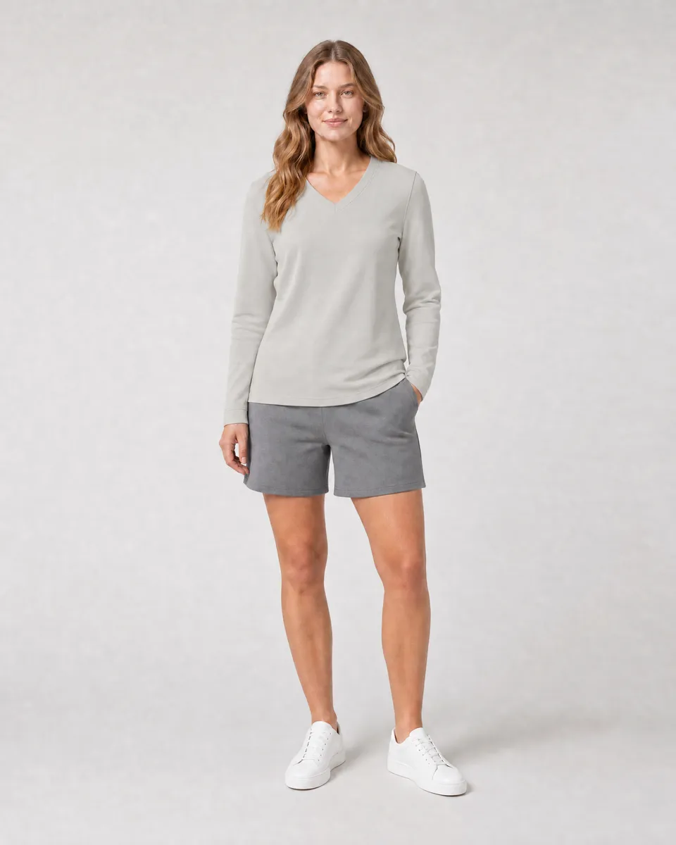 StringKing Women's Pima Terry Long Sleeve V-Neck Tee - Sharp Fit, Moonstruck, Full Front - Human Model