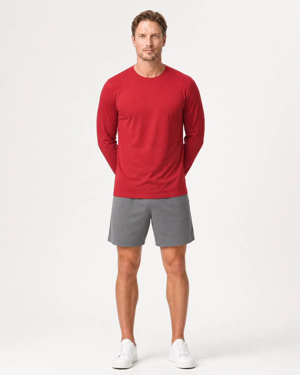 StringKing Men's StayCool Long Sleeve Tee - Relaxed Fit, Red, Full Front - Human Model - Top of head to Knees