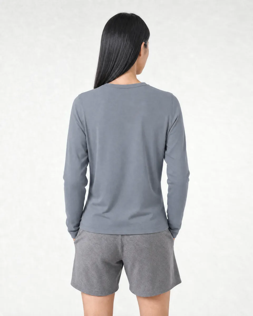 StringKing Women's Pima Terry Long Sleeve Tee - Sharp Fit, Tradewinds, Full Back - Human Model - Top of head to Mid-thigh