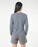 StringKing Women's Pima Terry Long Sleeve Tee - Sharp Fit, Tradewinds, Full Back - Human Model - Top of head to Mid-thigh