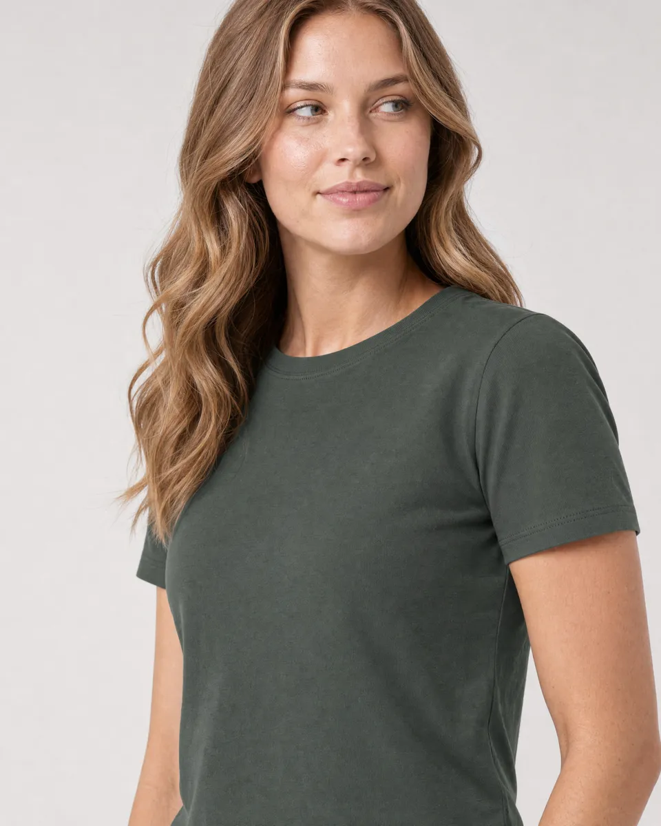 StringKing Women's Pima Terry Tee - Sharp Fit, Moss, Collar Shoulder - Human Model