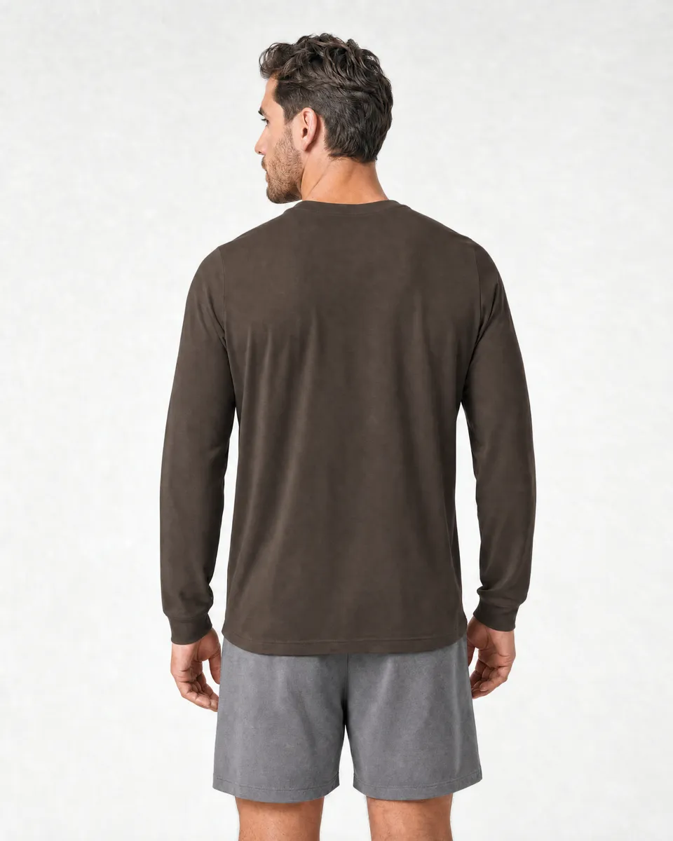 StringKing Men's Pima Jersey Henley - Relaxed Fit, Wren, Full Back - Human Model - Top of head to Mid-thigh