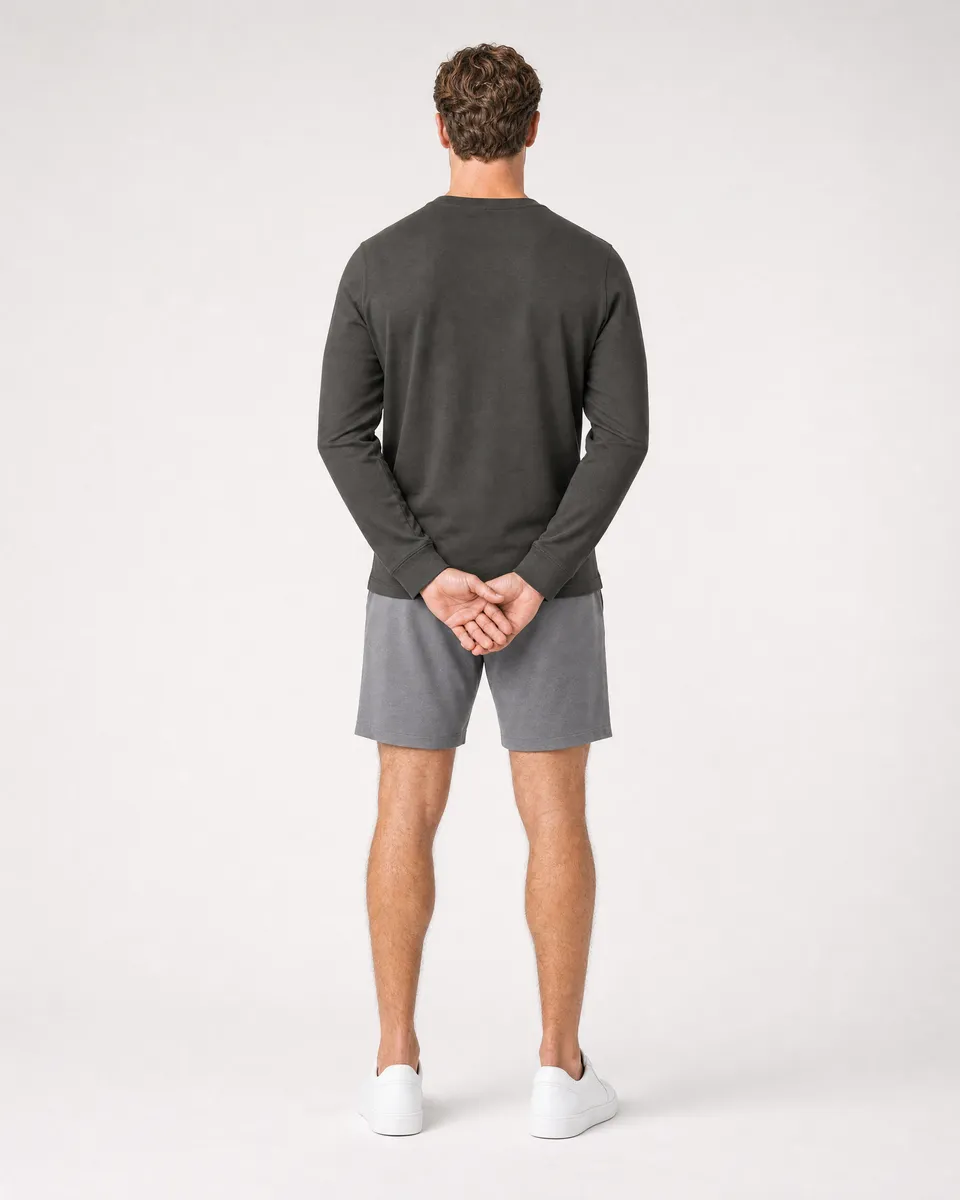 StringKing Men's Pima Terry Long Sleeve V-Neck Tee - Sharp Fit, Peat, Full Back - Human Model - Top of head to Mid-thigh