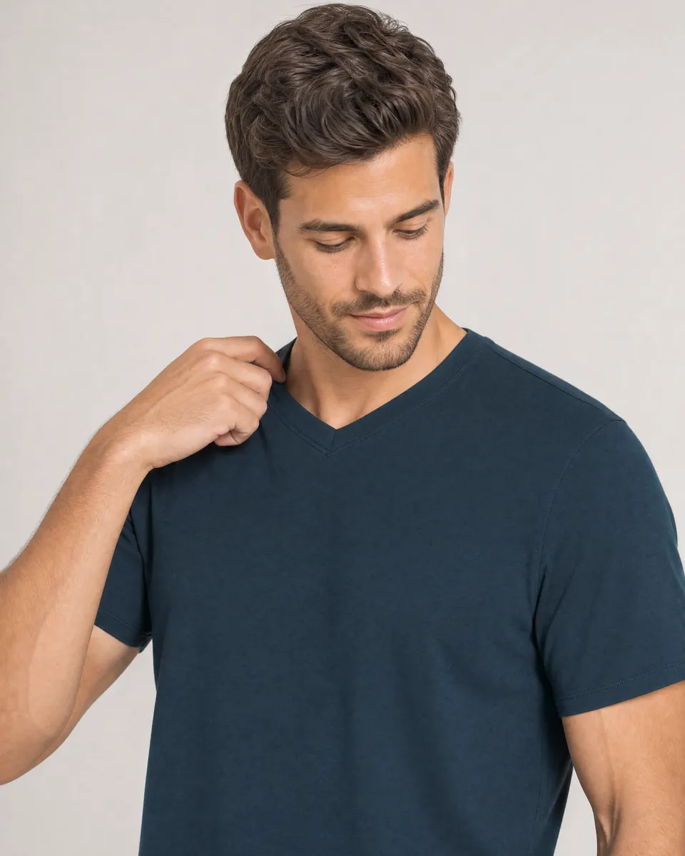 StringKing Men's Pima Terry V-Neck Tee - Sharp Fit, Navy, Collar Shoulder - Human Model