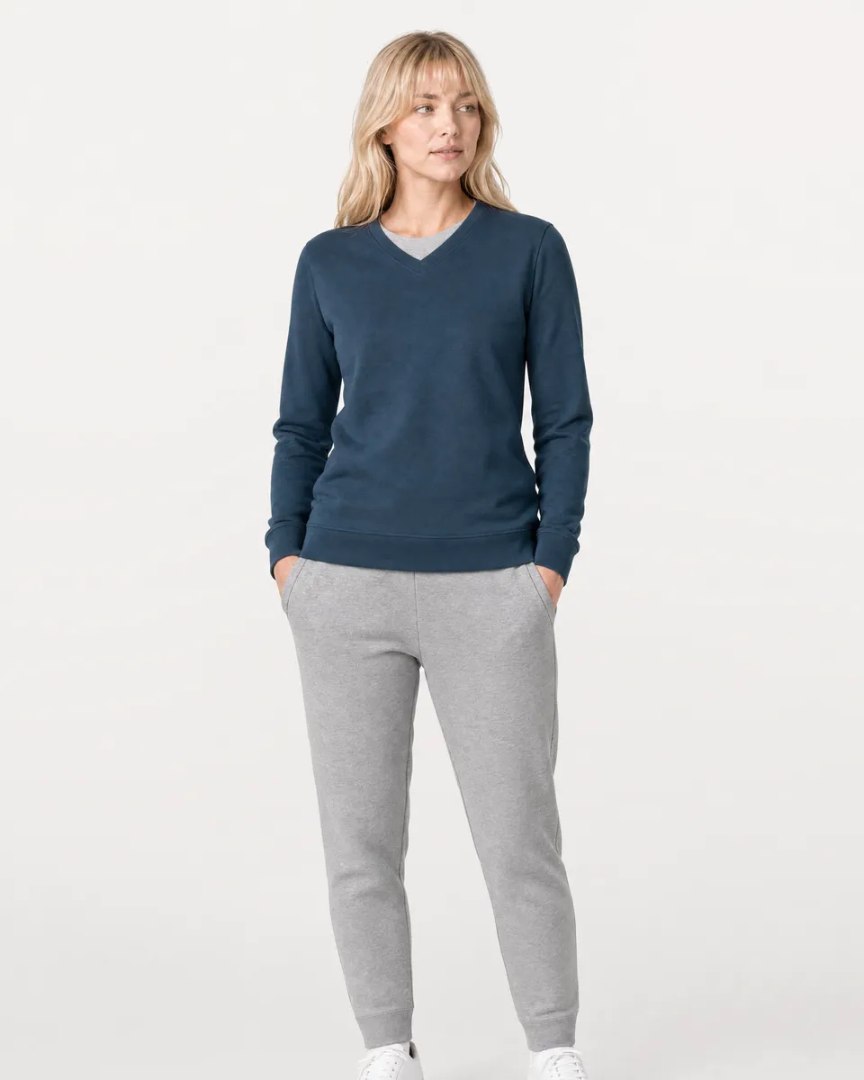 StringKing Women's Pima Terry V-Neck Sweater - Sharp Fit, Navy, Full Front - Human Model - Top of head to Knees