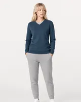 StringKing Women's Pima Terry V-Neck Sweater - Sharp Fit, Navy, Full Front - Human Model - Top of head to Knees