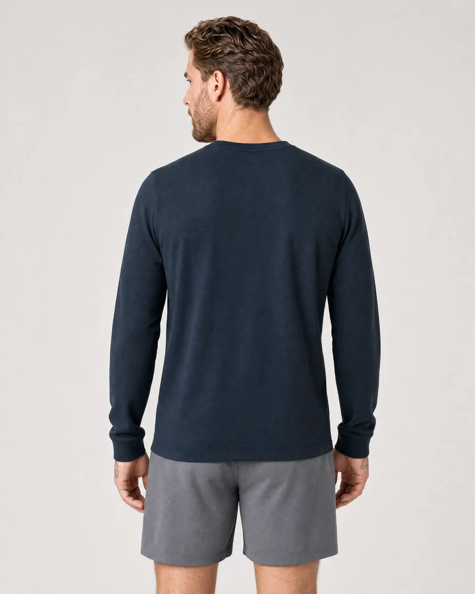 StringKing Men's Pima Terry Long Sleeve Tee - Sharp Fit, Navy, Full Back - Human Model - Top of head to Mid-thigh