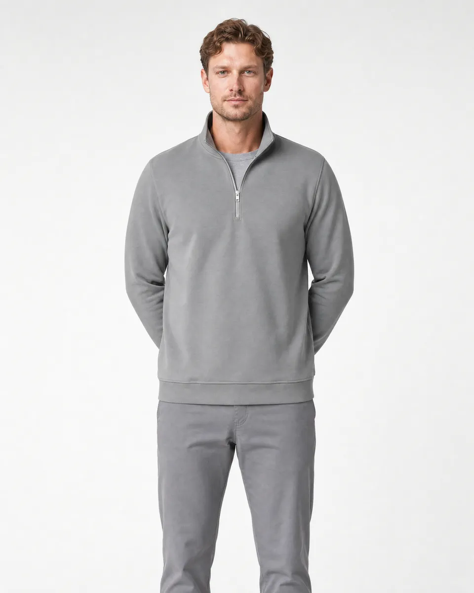 StringKing Men's StayCool Quarter Zip - Relaxed Fit, Gray, Full Front - Human Model - Top of head to Knees