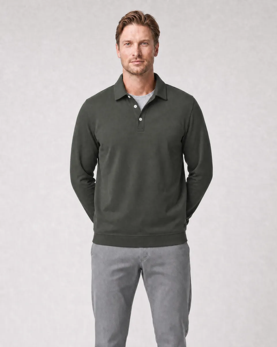 StringKing Men's Pima Terry Long Sleeve Polo - Sharp Fit, Moss, Full Front - Human Model - Top of head to Knees