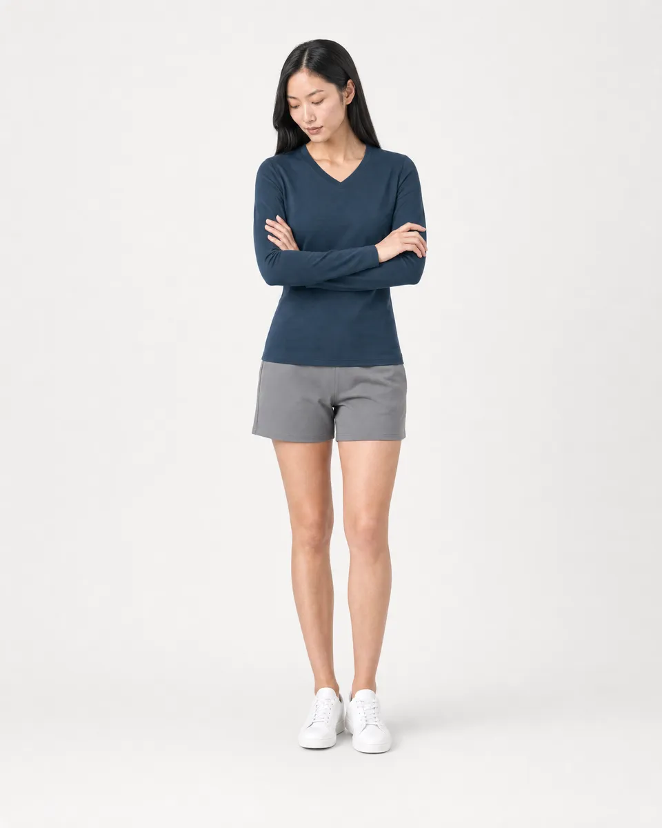 StringKing Women's Pima Jersey Long Sleeve V-Neck Tee - Sharp Fit, Navy, Full Front Angle - Human Model