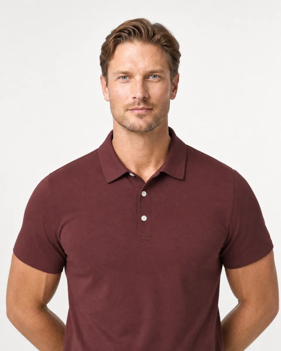 StringKing Men's Pima Jersey Classic Polo - Relaxed Fit, New Maroon, Collar Shoulder - Human Model
