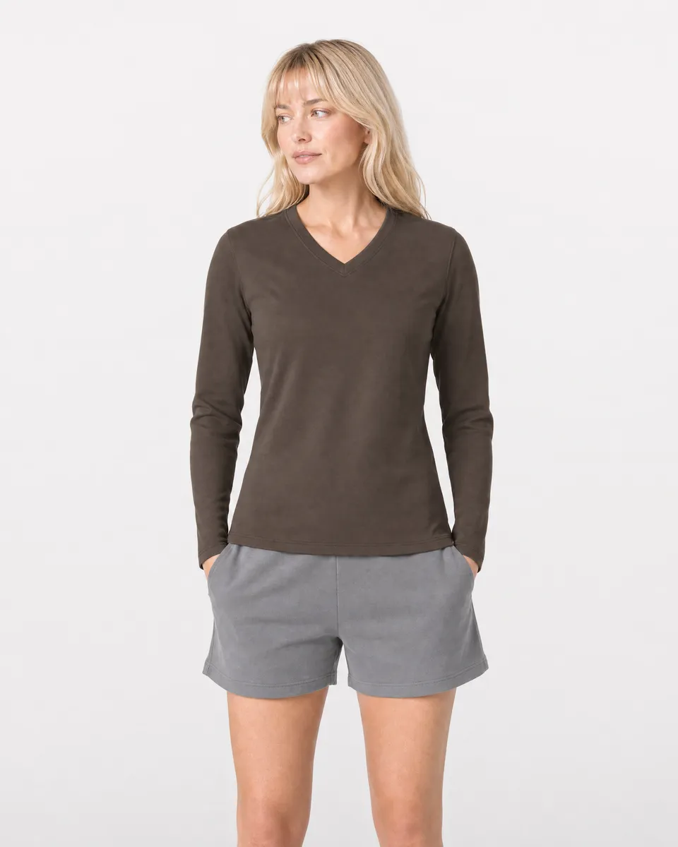 StringKing Women's Pima Jersey Long Sleeve V-Neck Tee - Sharp Fit, Wren, Full Front - Human Model - Top of head to Knees