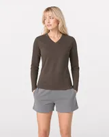StringKing Women's Pima Jersey Long Sleeve V-Neck Tee - Sharp Fit, Wren, Full Front - Human Model - Top of head to Knees