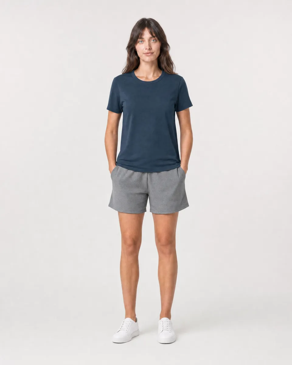 StringKing Women's Pima Jersey Tee - Relaxed Fit, Navy, Full Front - Human Model