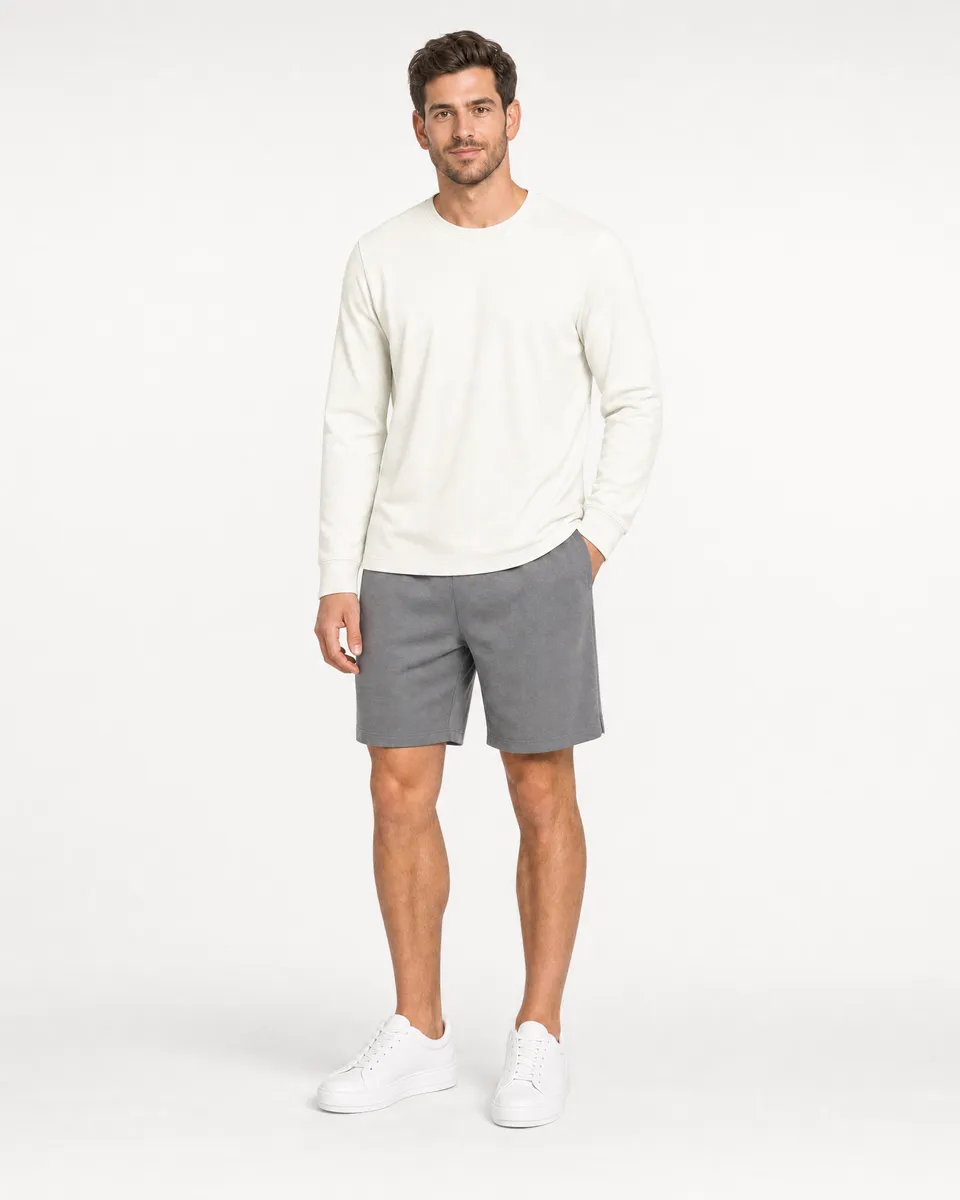 StringKing Men's Pima Terry Long Sleeve Tee - Relaxed Fit, Tofu, Full Front - Human Model - Top of head to Knees