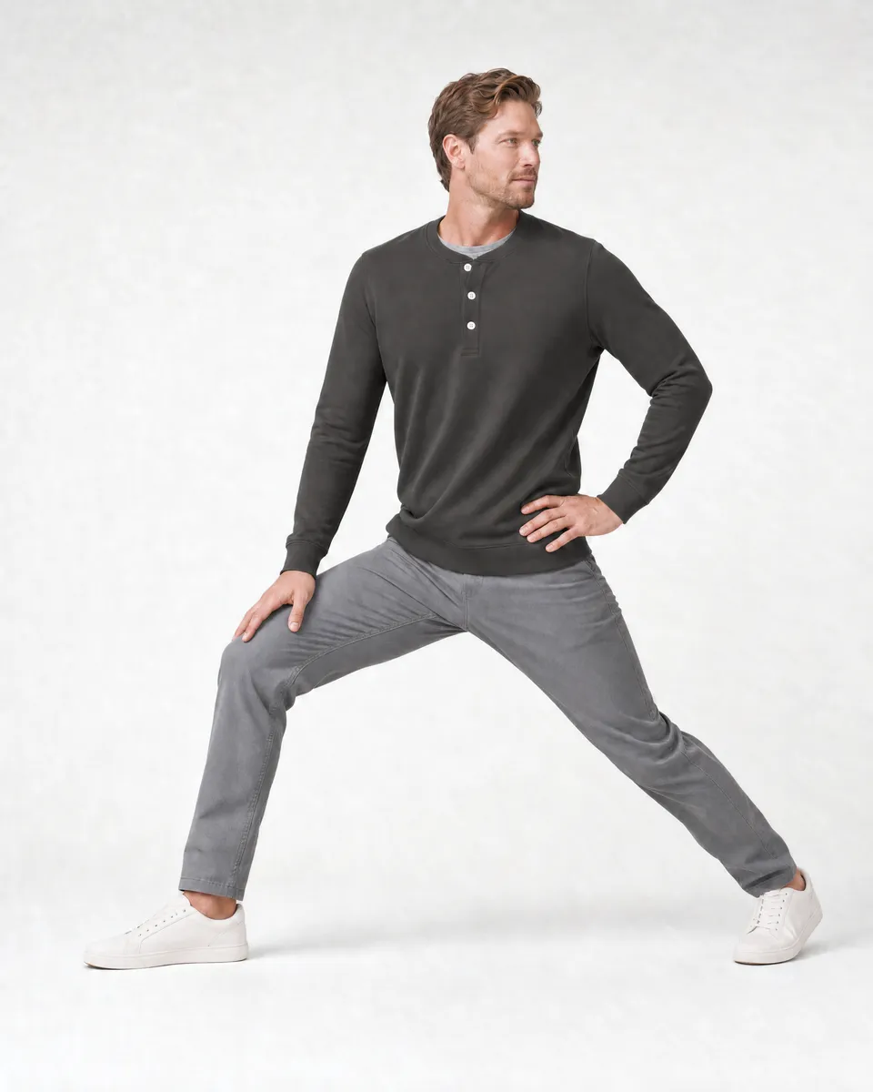 StringKing Men's Pima Terry Henley - Sharp Fit, Peat, Full Front Angle - Human Model