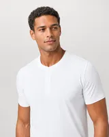 StringKing Men's Pima Jersey Short Sleeve Henley - Sharp Fit, White, Collar Shoulder - Human Model