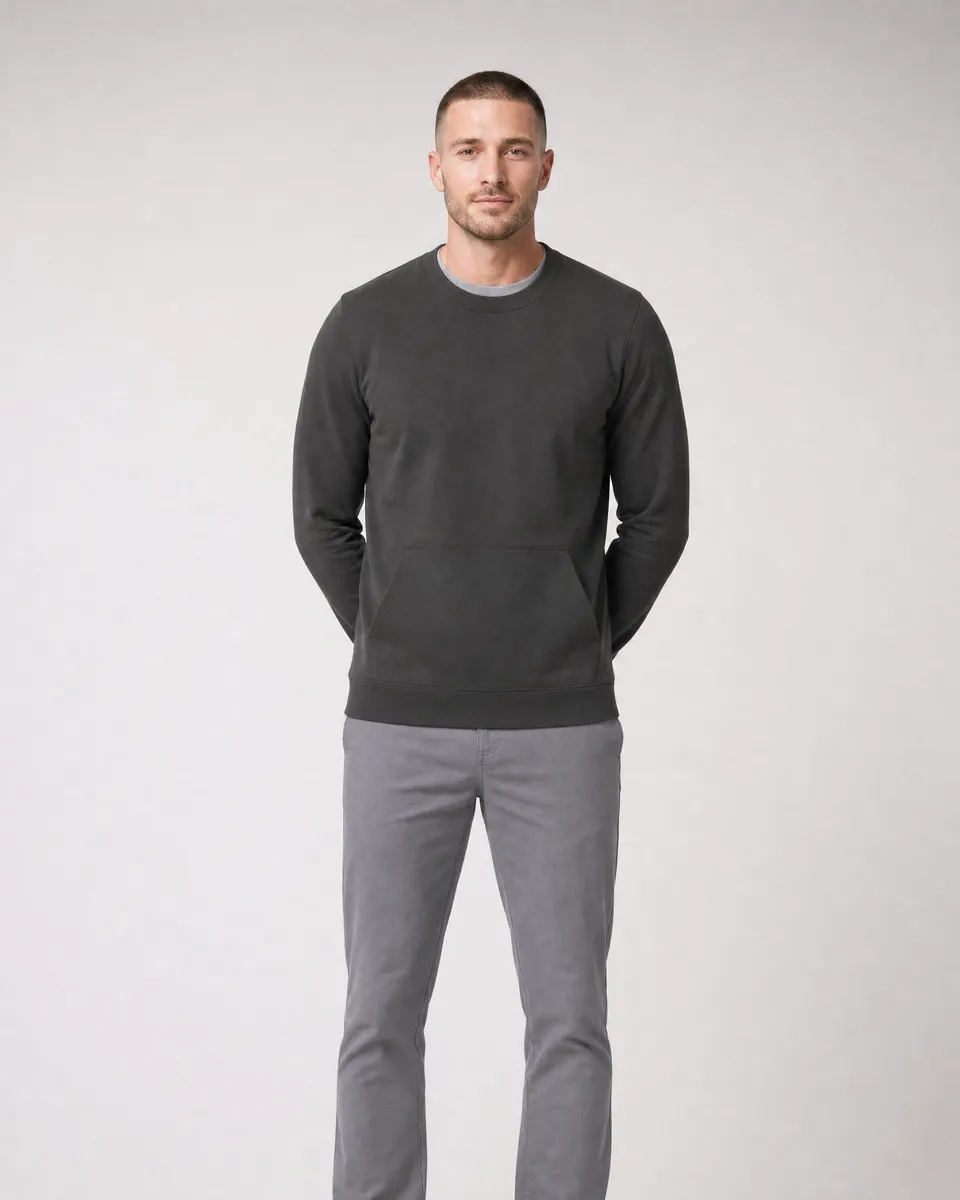StringKing Men's Pima Terry Crew Sweatshirt - Sharp Fit, Peat, Full Front - Human Model - Top of head to Knees