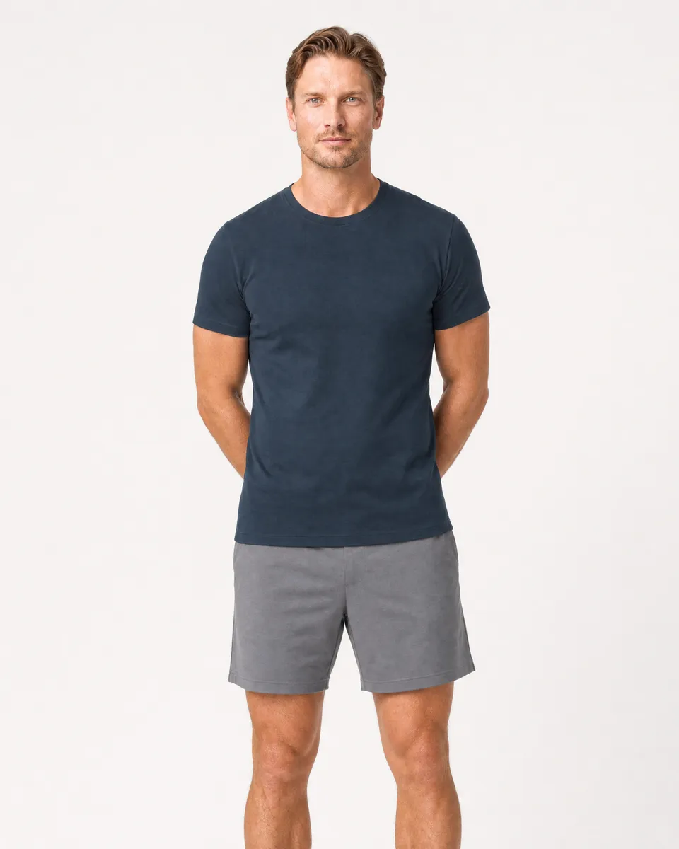 StringKing Men's Pima Terry Tee - Sharp Fit, Navy, Full Front - Human Model - Top of head to Knees