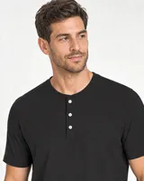 StringKing Men's Pima Jersey Short Sleeve Henley - Sharp Fit, Black, Collar Shoulder - Human Model