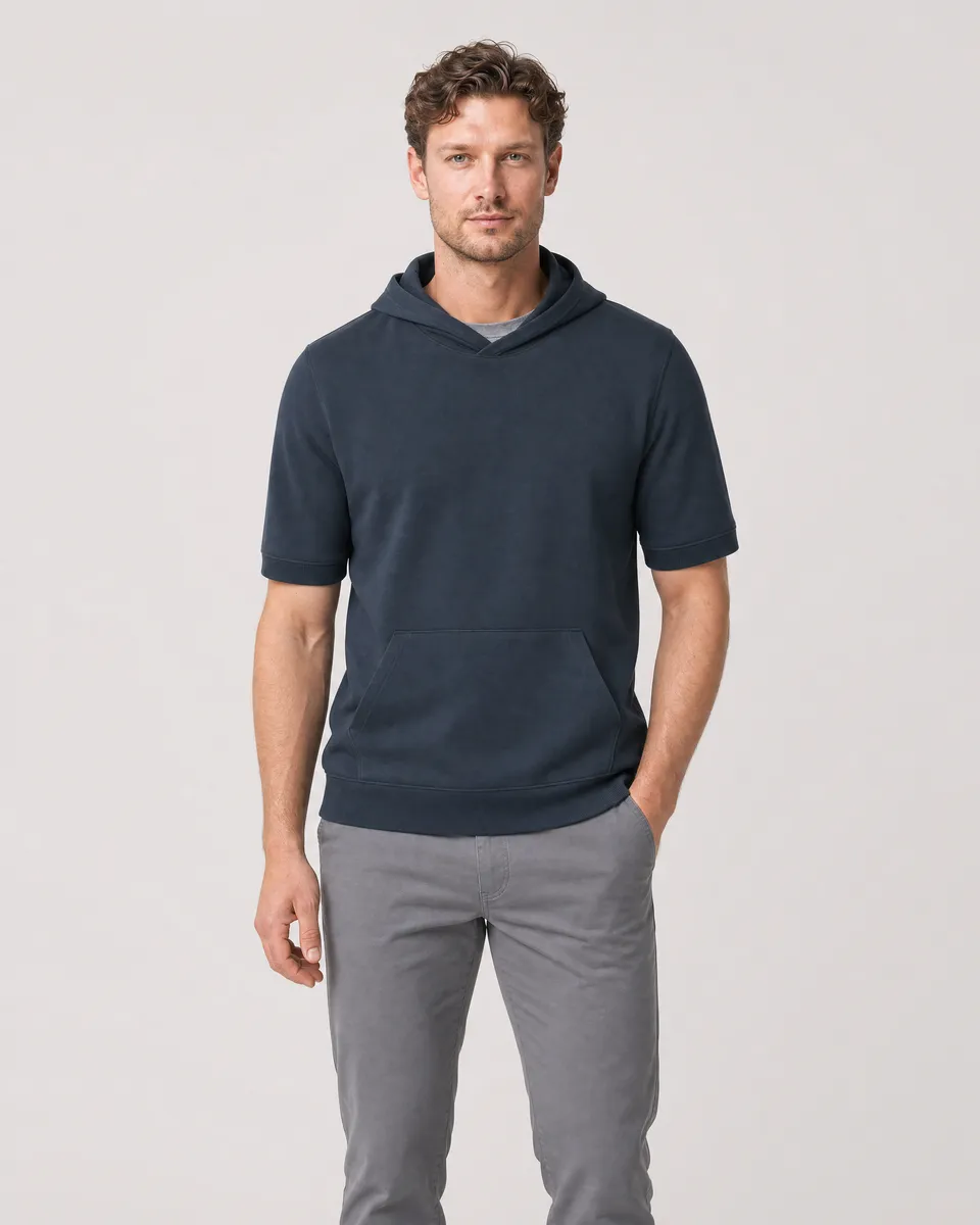 StringKing Men's Pima Terry Short Sleeve Hoodie - Sharp Fit, Navy, Full Front - Human Model - Top of head to Knees