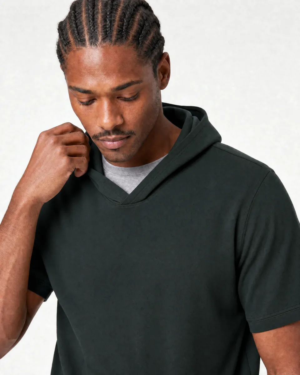 StringKing Men's Pima Terry Short Sleeve Hoodie - Sharp Fit, Pine Grove, Collar Shoulder - Human Model