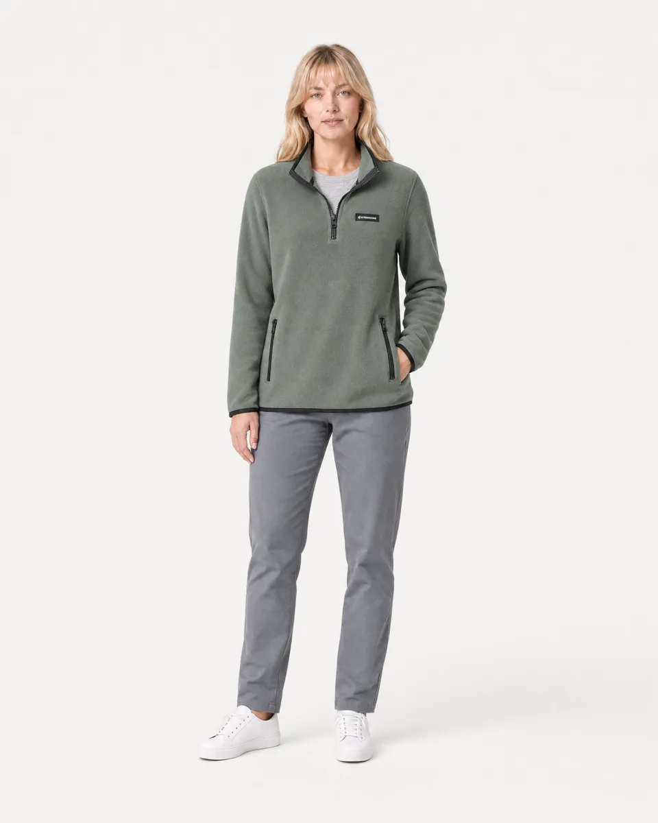 StringKing Women's Polartec Fleece Quarter Zip with Pockets - Relaxed Fit, Avenue Green, Full Front - Human Model