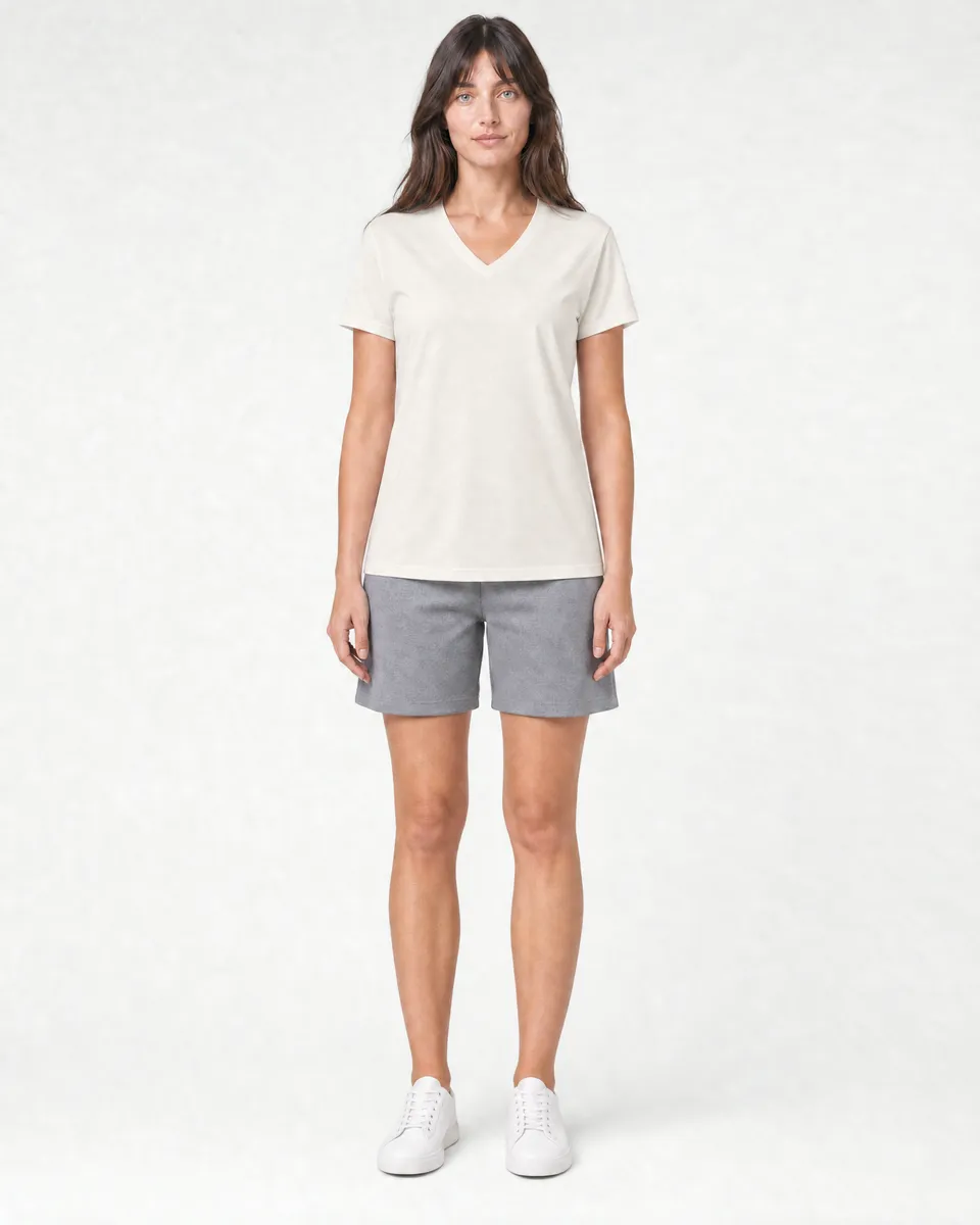 StringKing Women's Pima Jersey V-Neck Tee - Relaxed Fit, Tofu, Full Front - Human Model - Top of head to Knees