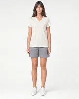 StringKing Women's Pima Jersey V-Neck Tee - Relaxed Fit, Tofu, Full Front - Human Model - Top of head to Knees