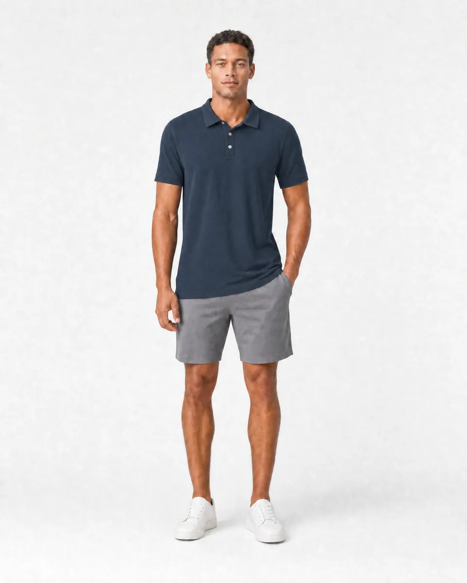 StringKing Men's Pima Terry Polo - Relaxed Fit, Navy, Full Front - Human Model - Top of head to Knees