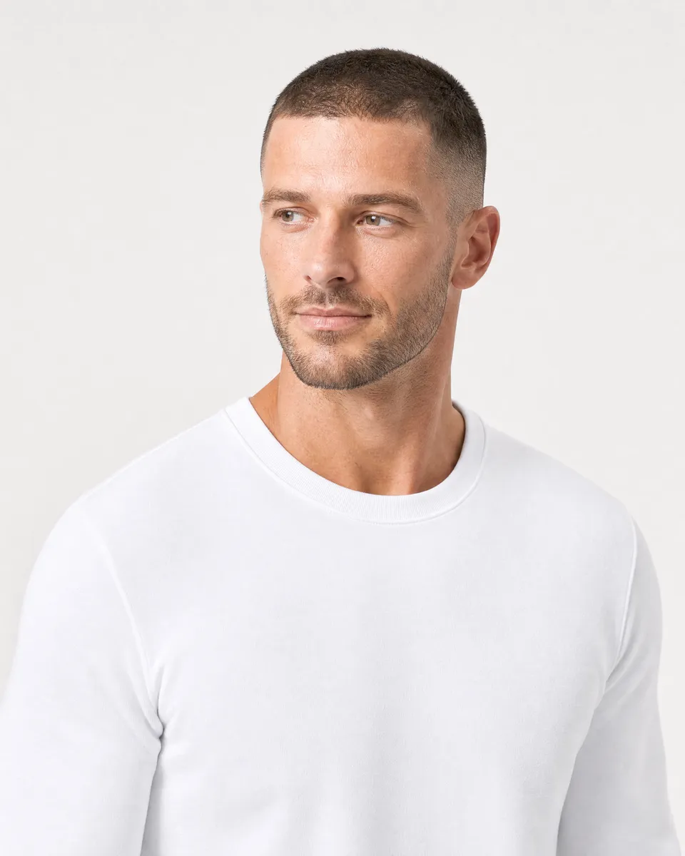 StringKing Men's Pima Terry Crew Sweater - Relaxed Fit, White, Collar Shoulder - Human Model