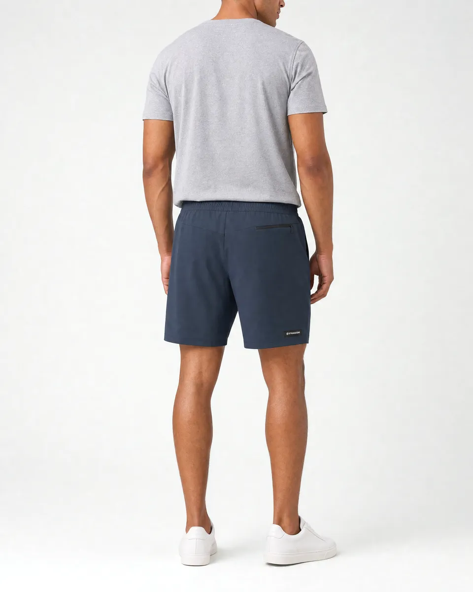 StringKing Men's Nylon Flex Shorts - Sharp Fit, Navy, Full Back - Human Model - Chest to Feet