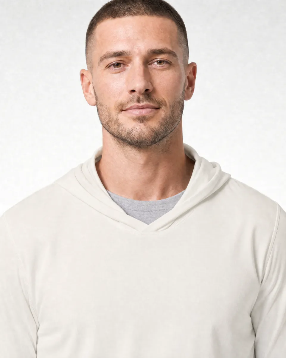 StringKing Men's Pima Jersey Hoodie - Sharp Fit, Tofu, Collar Shoulder - Human Model