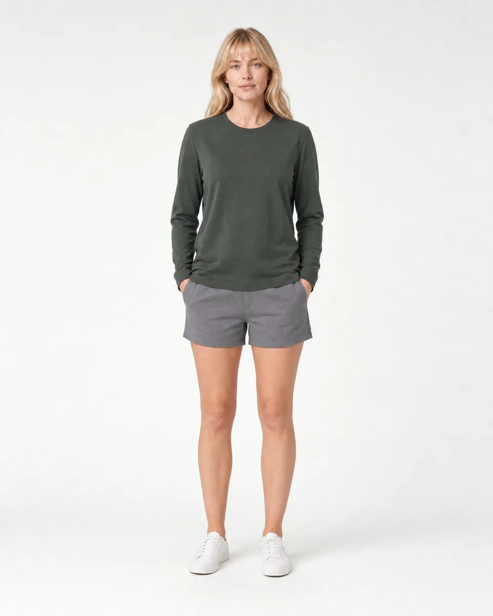 StringKing Women's Pima Terry Long Sleeve Tee - Relaxed Fit, Moss, Full Front - Human Model