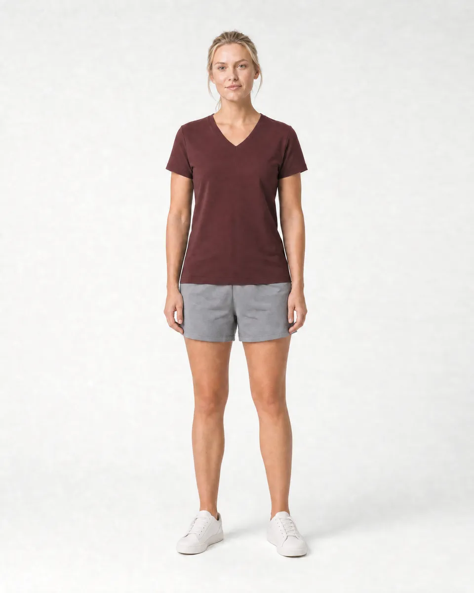 StringKing Women's Pima Jersey V-Neck Tee - Sharp Fit, New Maroon, Full Front - Human Model