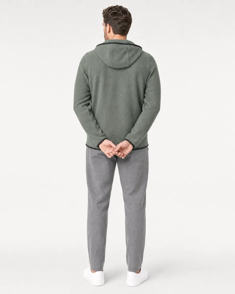 StringKing Men's Polartec Fleece Full Zip Hoodie with Pockets - Sharp Fit, Avenue Green, Full Back - Human Model - Top of head to Mid-thigh