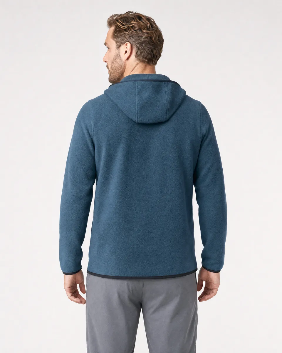 StringKing Men's Polartec Fleece Quarter Zip Hoodie with Pockets - Sharp Fit, Indian Teal, Full Back - Human Model - Top of head to Mid-thigh