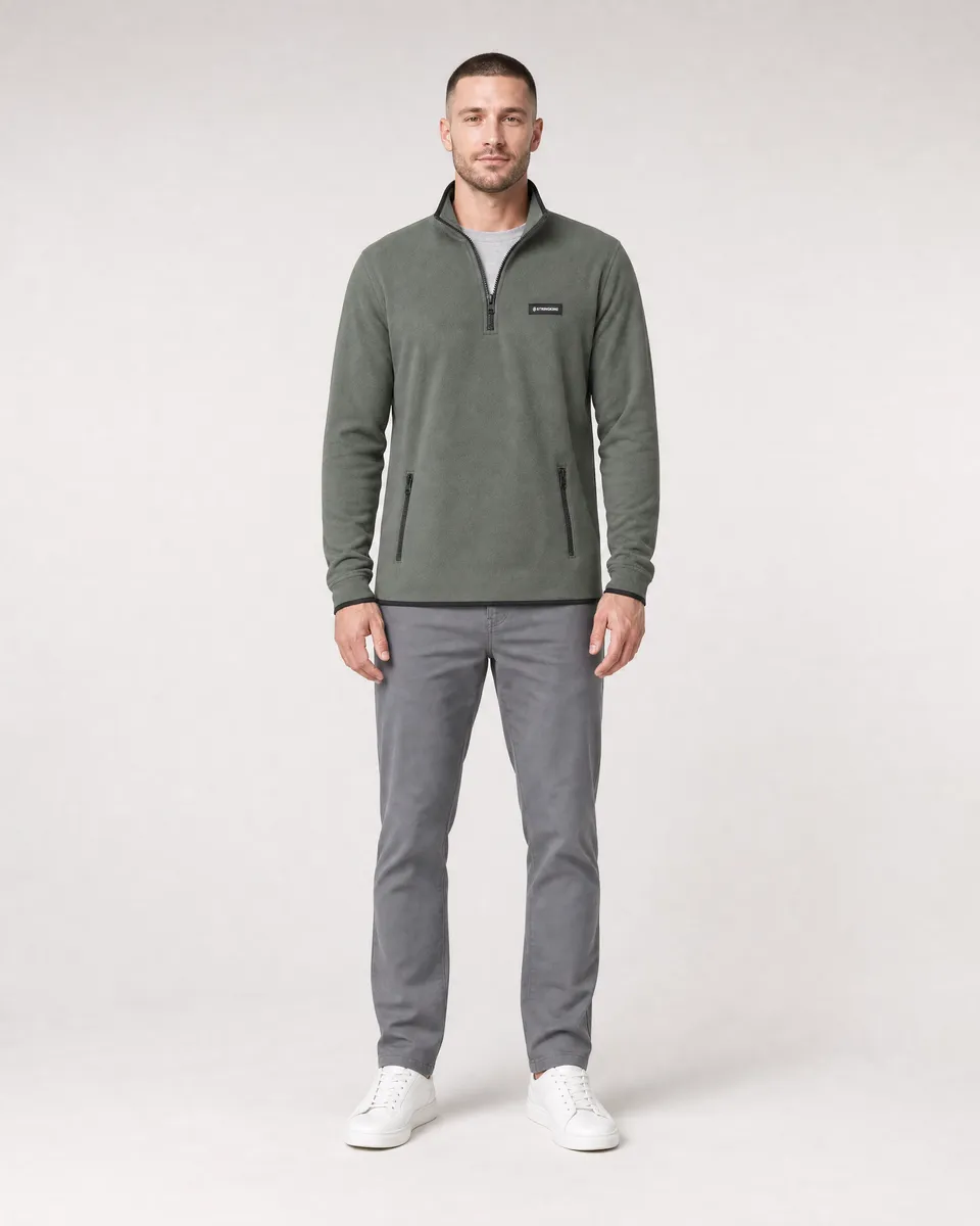 StringKing Men's Polartec Fleece Quarter Zip with Pockets - Sharp Fit, Avenue Green, Full Front - Human Model