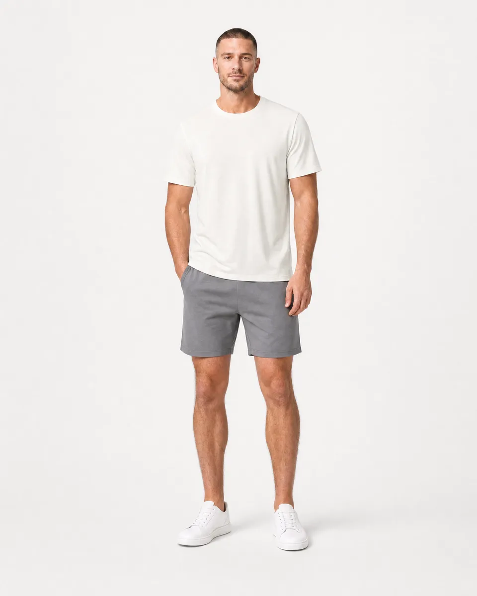StringKing Men's Pima Terry Tee - Relaxed Fit, Tofu, Full Front - Human Model